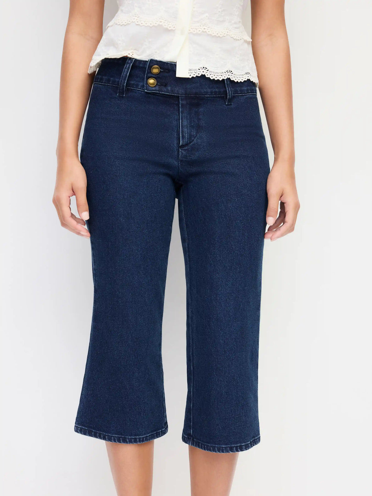 Stretch Denim Washed Mid Rise Metal Detail Flared Capri Jeans