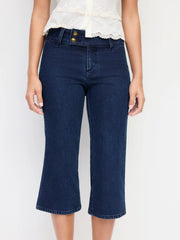 Stretch Denim Washed Mid Rise Metal Detail Flared Capri Jeans