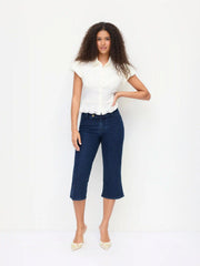 Stretch Denim Washed Mid Rise Metal Detail Flared Capri Jeans