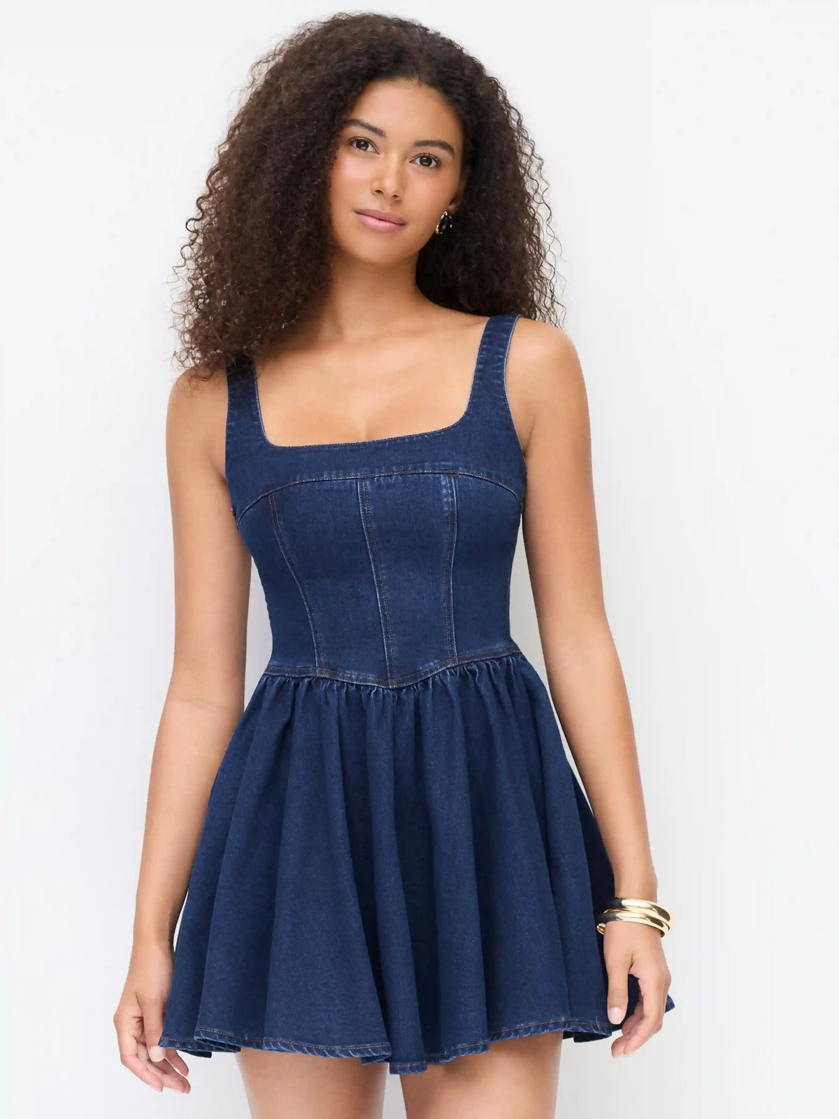 Denim Washed Square Neck Ruffled A-line Mini Dress
