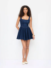 Denim Washed Square Neck Ruffled A-line Mini Dress