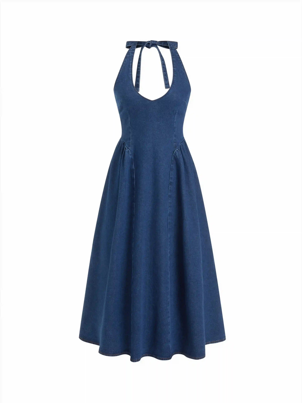 Stretch Denim Halter Neckline Washed A-line Maxi Dress