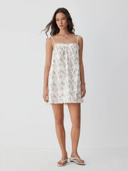 Cotton Floral Square Neck Bowknot Lace Trim Ruffle Hem Mini Nightdress