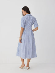Cotton-blend Striped Mid-length Sleeve Draped Shirt Maxi Dress