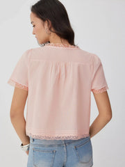 Cotton-blend Scoop Neckline Lace Trim Knotted Puff Sleeve Blouse