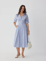 Cotton-blend Striped Mid-length Sleeve Draped Shirt Maxi Dress
