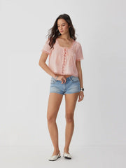 Cotton-blend Scoop Neckline Lace Trim Knotted Puff Sleeve Blouse