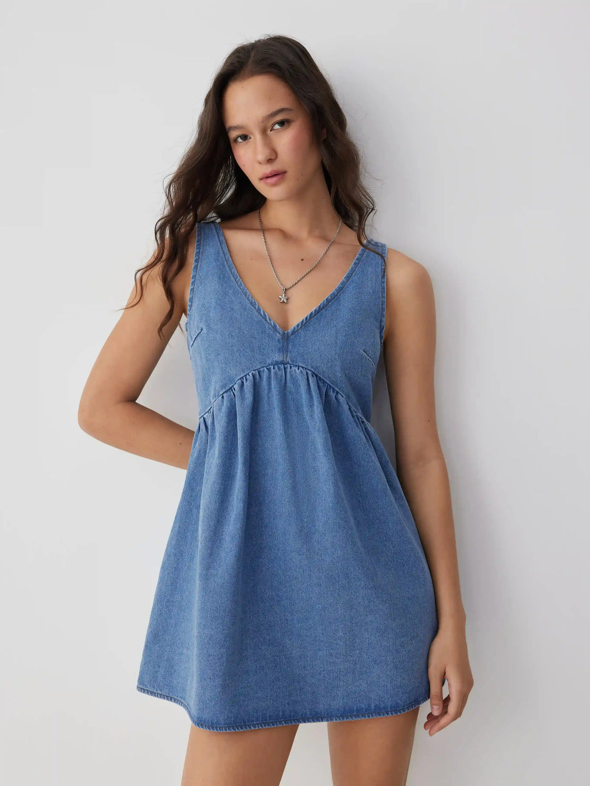 Denim V-neck Tie Back A-line Oversized Mini Dress