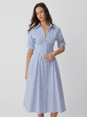 Cotton-blend Striped Mid-length Sleeve Draped Shirt Maxi Dress
