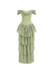 Chiffon Square Neck Draped Tiered Maxi Dress