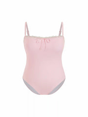Square Neckline Lace Trim Bowknot One Piece Swimsuit Curve & Plus