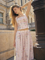 Textured Floral Square Neck Corset Top & Mid Rise Flared Midi Skirt Set