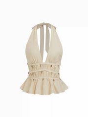 Textured Halter Shell Detail Shirred Ruffle Hem Top