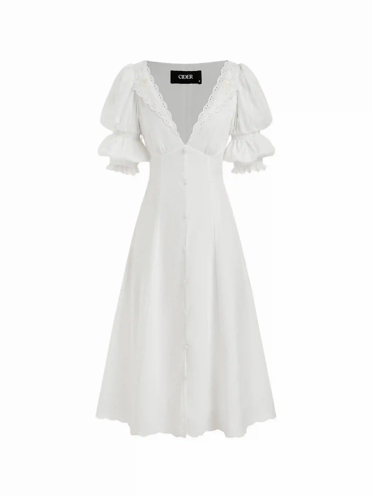 Broderie Anglaise Rose Floral V-neck Puff Sleeve Flared Midi Dress
