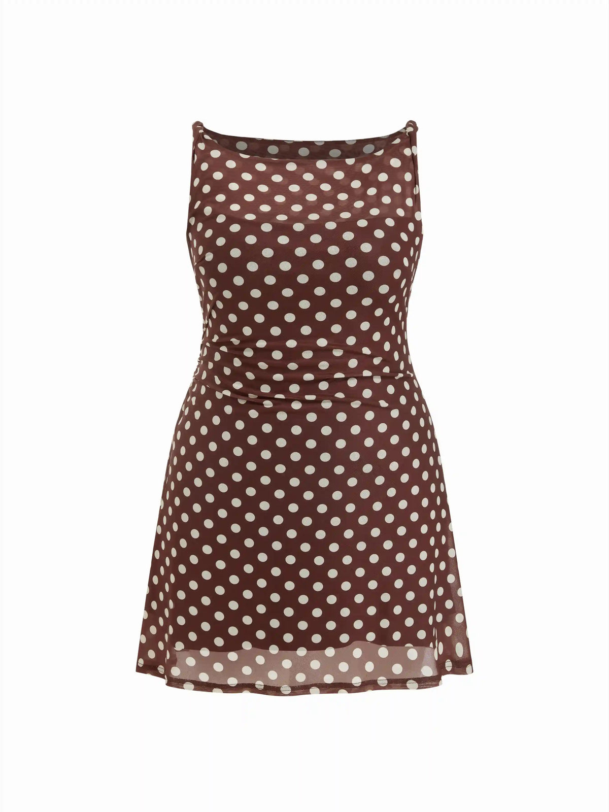 Mesh Polka Dot Boat Neck Ruched Mini Dress Curve & Plus
