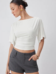 Modal-blend Boat Neck Short Sleeve Cut Out Ruched Top