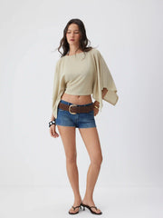 Textured Boat Neck Batwing Sleeve Asymmetrical Oversized Top