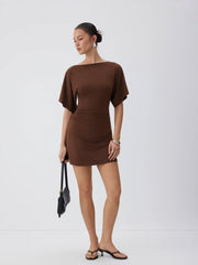 Boat Neck Short Sleeve Ruched A-line Mini Dress