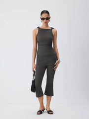 Textured Boat Neck Knotted Ruched Top & Mid Rise Capri Pants Set
