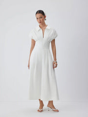 Short Sleeve Draped Pocket Flared Maxi Dress