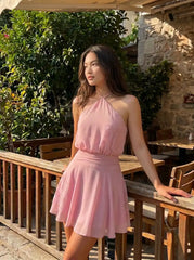 Chiffon Halter Neck Rhinestone Embellished Floral A-line Mini Dress