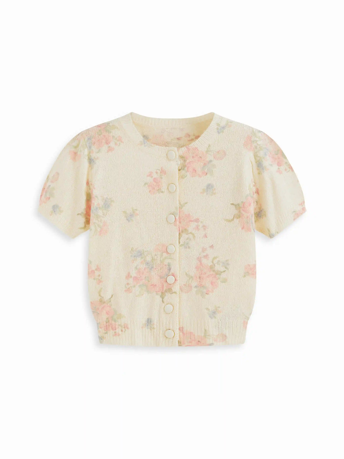 Knit Wool-blend Floral Puff Sleeve Cardigan