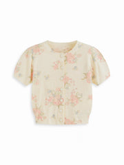 Knit Wool-blend Floral Puff Sleeve Cardigan