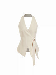 Striped Halter Neckline Twist Knotted Longline Blazer Vest