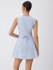 Linen-blend V-neck Button Through Tie Back A-line Mini Dress