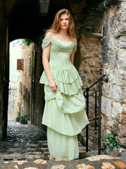 Chiffon Square Neck Draped Tiered Maxi Dress