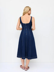 Stretch Denim V-neck Washed Pleated A-line Midi Dress