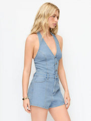 Denim Halter Neckline Washed Metal Detail Mid Rise Romper
