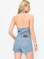 Denim Halter Neckline Washed Metal Detail Mid Rise Romper