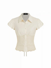 Cotton-blend Broderie Anglaise Puff Sleeve Scalloped Lace Trim Blouse