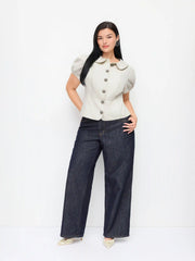 Cotton-blend Peter Pan Collar Puff Sleeve Blouse Curve & Plus