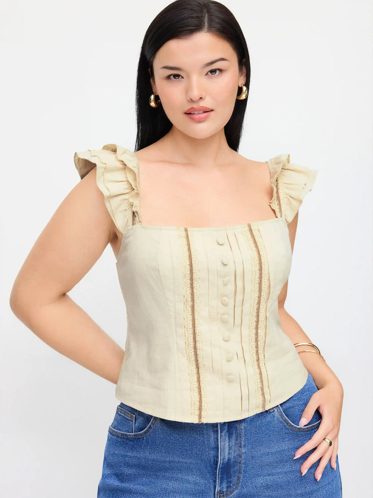 Cotton-blend Textured Halter Neck Ruffled Shirred Blouse Curve & Plus