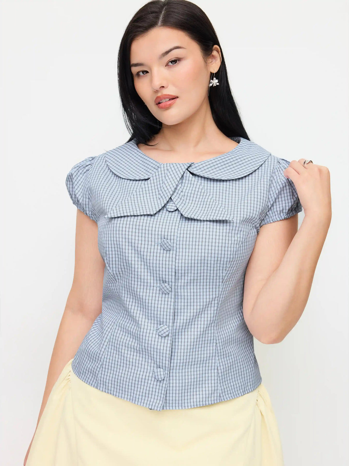 Cotton-blend Gingham Peter Pan Collar Puff Sleeve Knotted Blouse Curve & Plus