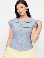 Cotton-blend Gingham Peter Pan Collar Puff Sleeve Knotted Blouse Curve & Plus