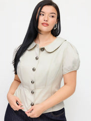 Cotton-blend Peter Pan Collar Puff Sleeve Blouse Curve & Plus