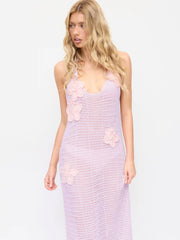 Knit Halter Neckline Flower Detail Backless Hollow Out Cover Up Dress