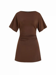 Boat Neck Short Sleeve Ruched A-line Mini Dress