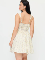 Cotton-blend Floral Square Neck Pleated Shirred A-line Mini Dress Curve & Plus