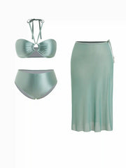 Halter Neckline Knotted Beaded Tankini with Sarong Curve & Plus