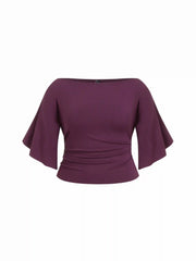 Boat Neck Mid-length Bell Sleeve Ruched Tee Curve & Plus