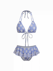 Aztec Halter Neckline Ruffled Triangle Bikini Set