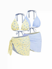 Reversible Halter Neckline Floral & Gingham Triangle Bikini Set With Sarong Curve & Plus