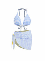 Reversible Halter Neckline Floral & Gingham Triangle Bikini Set With Sarong Curve & Plus