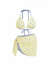 Reversible Halter Neckline Floral & Gingham Triangle Bikini Set With Sarong Curve & Plus