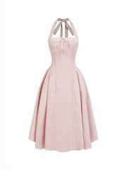 Satin Halter Neckline Bowknot Lace Trim Draped Milkmaid Midi Dress