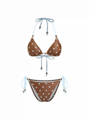 Halter Neckline Polka Dot Beaded Triangle Tie Side Bikini Set